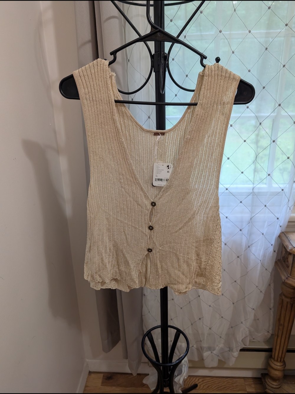 Free People Cream Ribbed Button-Front Tank Size XL